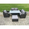 Fimous Wicker PE Rattan Furniture Garden Dining Set Outdoor Height Adjustable Rising lifting Table Love Sofa With Reclining Chair Big Footstool