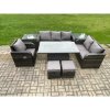 Fimous Rattan Outdoor Furniture Garden Dining Set Patio Height Adjustable Rising lifting Table Reclining Chair Sofa With 2 Side Tables 2 Small Footstools Dark Grey Mixed