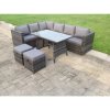 Dark Mixed Grey Rattan Garden Outdoor Corner Sofa Set Rectangular Dining Table Small Footstools 8 Seater