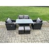 Fimous Wicker PE Rattan Furniture Garden Dining Set Outdoor Patio Height Adjustable Rising lifting Table Love Sofa With Reclining Chair 2 Small Footstools
