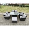 Fimous Rattan Outdoor Furniture Adjustable Rising Lifting Rectangle Dining Table Chairs Two Seater Love Sofa Sets Big Footstools 7 Seater
