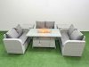 Fimous 6 Seater PE Wicker Rattan Furniture Sofa Sets with Firepit Dining Table 2 Seater Love Sofa 2 Side Table Light Grey