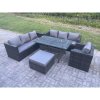 Fimous 8 Seater Outdoor Lounge Sofa Garden Furniture Set Patio Rattan Rectangular Dining Table Chair with Big Footstool Dark Grey Mixed