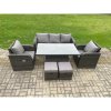 Fimous Rattan Furniture Garden Dining Sets Outdoor Height Adjustable Rising lifting Table and Chair Set With Lounge Sofa 2 Small Footstools