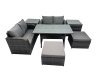Fimous Wicker PE Rattan Garden Outdoor Furniture Set Love Sofa Dining Table Sets with 2 Side Table 2 Big Stools Dark Grey Mixed