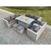 Fimous Light Grey Rattan FirePit Dining Set Garden Furniture Set Gas Heater Burner Lounge Sofa Dining Set Chairs Stools