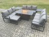 Fimous Aluminium 10 Seater Garden Furniture Outdoor Set Patio Lounge Sofa Gas Fire Pit Dining Table Set with Big Footstool 2 Side Tables Dark Grey