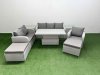 Fimous Patio PE Wicker 8 Seater Outdoor Rattan Furniture Sofa Sets with Adjustable Lifting Dining or Coffee Table Reclining Chair Loveseat Sofa 3 Seater Sofa 2 Big Footstools 2 Side Table Light Grey