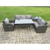 Fimous 6 Seater Garden Rattan Furniture Dining Table Sofa Set Indoor Outdoor with Reclining Chairs Side Table Dark Grey Mixed