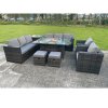 Fimous 10 Seater Outdoor Rattan Garden Furniture Gas Fire Pit Table Dining Set Gas Heater Lounge Chairs Small Footstools Dark Grey