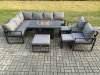 Fimous Aluminium 10 Pieces Garden Furniture Corner Sofa Set with Cushions Gas Fire Pit Dining Table Set with 2 Chairs 3 Footstools Dark Grey