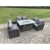 Fimous Rattan Outdoor Garden Furniture Sofa Set Gas Fire Pit Dining Table Gas Heater with Love Sofa Dark Grey Mixed