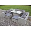 Fimous 11 Seater Outdoor PE Rattan Garden Funiture Set Height Adjustable Rising Lifting Table Sofa Dining Set with Side Table 2 Big Footstools