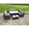Fimous 8 Seater Outdoor Rattan Garden Furniture Set with Patio Rectangular Dining Table Love Sofa 2 Small Footstools Dark Grey Mixed
