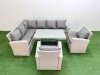 Fimous Garden Outdoor Rattan Furniture Set Rattan Corner Sofa Oblong Dining Table with 2 Armchairs Light Grey Mixed 8 Seater