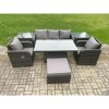 Fimous Wicker PE Rattan Outdoor Garden Furniture Set Height Adjustable Rising lifting Dining Table With Armchair 2 Side Tables Footstool