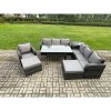 Fimous 9 Seater Outdoor Rattan Garden Furniture Set Oblong Rectangular Dining Table and Chairs Set with 3 Seater Sofa 2 Big Footstool Side Table Dark Grey Mixed