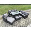 Fimous 10 Seater Wicker Rattan Garden Furniture Set Gas Fire Pit Dining Table Reclining Chair 3 Seater Sofa Set Indoor Outdoor with 3 Footstools
