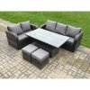 Fimous Outdoor Rattan Garden Furniture Sets Height Adjustable Rising lifting Dining Table Lounge Sofa Set With Love Sofa 2 Small Footstools Dark Grey Mixed