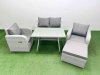 Fimous Light Grey PE Wicker Rattan Garden Furniture Set Sofa Set Reclining Chair Love Sofa Rectangular Dining Table Big Stool