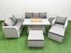Fimous Patio PE Wicker 8 Seater Outdoor Rattan Furniture Sofa Sets with Firepit Dining Table Reclining Chair Loveseat Sofa 3 Seater Sofa 2 Big Footstools 2 Side Table Light Grey