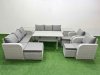 Fimous PE Rattan High Back Lounge Sofa Set Patio Rectangular Dining Table & Chairs Set with 3 Seater Sofa Reclining Chair 3 Stools 2 Side Table Light Grey