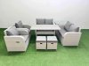 Fimous 8 Seater Outdoor Reclining Chair Love Sofa Set Rattan Garden Furniture Set with Rectangular Dining Table 2 Stools Side Table Light Grey