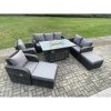 Fimous Garden Patio Furniture Wicker Rattan Gas Fire Pit Table and Sofa Chair set with 2 Big Footstool