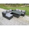 Fimous 7 Seater Wicker PE Rattan Garden Furniture Sofa Set Outdoor Adjustable Rising Lifting Dining Table Set with Big Footstool Dark Grey Mixed