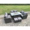 Fimous 8 Seater Outdoor Rattan Furniture Garden Dining Set Gas Fire Pit Table with 2 Small Footstools Love Sofa Dark Grey Mixed