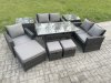 Fimous Outdoor Garden Dining Set Wicker PE Rattan Furniture Sofa with Rectangular Dining Table Double Seat Sofa 2 Side Tables 3 Footstools Dark Grey Mixed