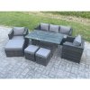 Fimous Outdoor Garden Furniture Set Patio Rattan Rectangular Dining Table Lounge Sofa Chair with Big Footstool 2 Small Stools Dark Grey Mixed