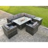 Fimous Outdoor Rattan Garden Corner Furniture Gas Fire Pit Dining Table Gas Heater Sets Lounge Chairs Side Table Dark Grey 8 Seater