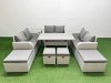 Fimous PE Rattan Lounge Sofa Set 10 Seater Outdoor Garden Furniture Set with Dining Table Love Sofa 2 Big Footstools 2 Small Stool Side Table Light Grey