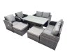 Fimous 8-seater Patio Height Adjustable Rising Lifting Table Sofa Sets Rattan Garden Furniture Dining Set with 2 Big Footstool Dark Grey Mixed