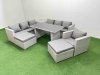 Fimous Patio Garden Furniture Sets with Black Glass Top Dining Table 3 Seater Sofa Armchair Side Table 2 Big Stool Light Grey
