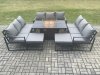 Fimous Aluminium 11 Seater Garden Furniture Outdoor Set Patio Lounge Sofa Gas Fire Pit Dining Table Set with 2 Big Footstools Dark Grey