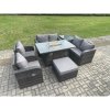 Fimous 7 Seater Rattan Garden Furniture Set Propane Gas Fire Pit Table and Sofa Chair set with Big Footstool Side Table
