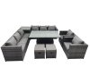 Fimous 10 Seater Outdoor Corner Sofa Height Adjustable Rising Lifting Table Set Garden Rattan Furniture Set with Side Table 2 Small Stools Dark Grey