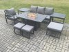 Fimous Aluminium 8 Pieces Garden Furniture Sofa Set with Cushions Gas Fire Pit Dining Table Set with 3 Footstools 2 Side Tables Dark Grey