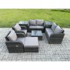 Fimous 7 Seater Rattan Sofa Set Outdoor Garden Furniture Set with Square Coffee Table Loveseat Sofa Reclining Chairs 2 Side Tables Big Footstool Dark Grey Mixed