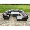 Fimous Rattan Outdoor Garden Furniture Sets Height Adjustable Rising lifting DiningTable Sofa Set with Reclining Chair 2 Side Table Big Footstool Dark Grey Mixed