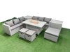 Fimous 9 Seat PE Rattan Lounge Sofa Set Outdoor Garden Furniture Set with Firepit Dining Table 3 Seater Sofa 3 Stools 2 Side Tables Light Grey