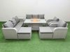 Fimous PE Rattan High Back Lounge Sofa Set Patio Firepit Dining Table & Chairs Set with 3 Seater Sofa Reclining Chair 2 Big Footstool Side Table Light Grey