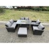 Fimous Rattan Outdoor Furniture Gas Fire Pit Rectangle Dining Table Gas Heater Chairs Two Seater Love Sofa Sets Big Footstools 7 Seater