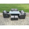 Fimous Wicker PE Rattan Furniture Garden Dining Set Outdoor Height Adjustable Rising lifting Table Love Sofa With Reclining Chair 2 Small Footstools