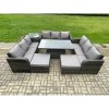 Fimous 11 Seater Garden Dining Sets Outdoor Rattan Furniture Lounge Sofa Height Adjustable Rising lifting Table With Side Table 2 Big Footstool Dark Grey Mixed