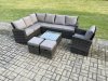 Fimous 9 Seater Outdoor Furniture Garden Dining Set Rattan Corner Sofa Set with Square Coffee Table 2 Small Footstools Dark Grey Mixed