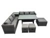 Fimous 9 Seater Outdoor Corner Sofa Dining Table Set Garden Rattan Furniture Set with Side Table 3 Stools Dark Grey