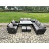 Fimous Outdoor Garden Patio Furniture Wicker Rattan Oblong Rectangular Dining Table and Lounge Sofa set with Side Table 2 Small Footstool Dark Grey Mixed